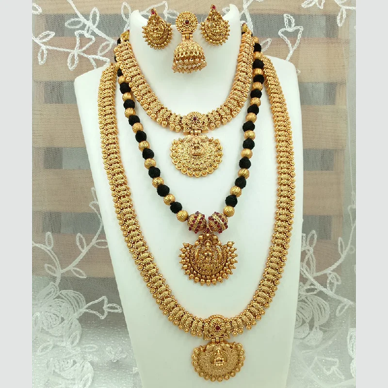 Pearl Necklace for Brides-Joyful Jewel Art Matte Gold Plated Pota Stone Long Temple Necklace Combo