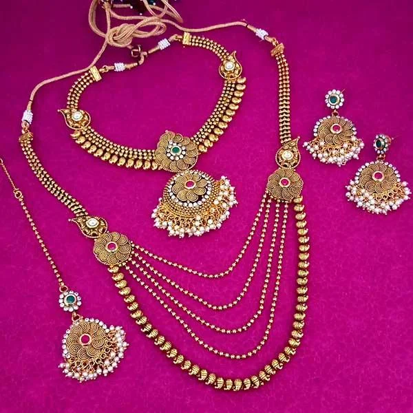 Custom Diamond Necklaces-Darshana Jewels Stone Double Necklace Set With Maang Tikka - FAP0098