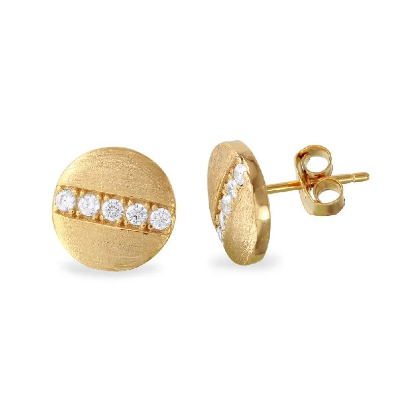 Handcrafted Silver Earrings-Gold Plated 925 Sterling Silver Matte Finish Round Studs with Round CZ - BGE00517