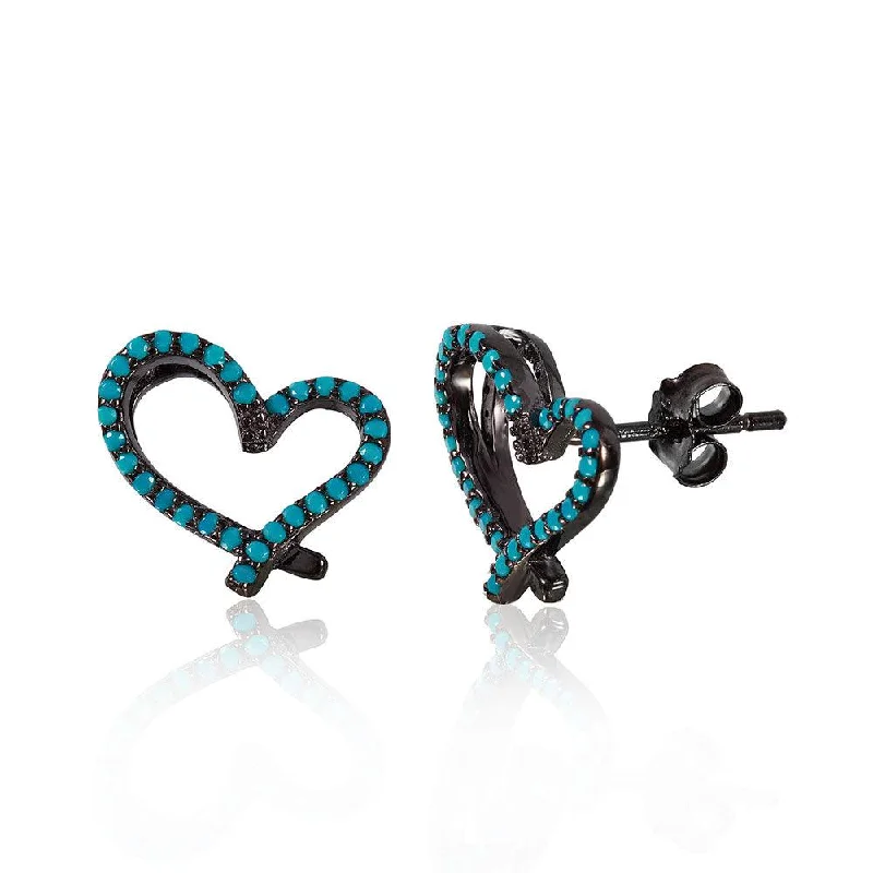 Affordable Silver Earrings-Silver 925 Black Rhodium Plated Open Heart Stud Earrings With Synthetic Turquoise Stone - STE01051