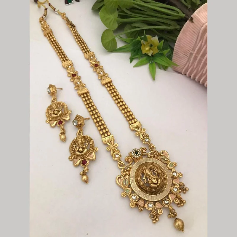 Handcrafted Gold Necklaces-FS Collection Gold Plated Pota Stone Meenakari Temple Long Necklace Set