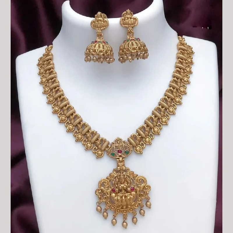 Handcrafted Gold Necklaces-Joyful Jewel Art Matte Gold Plated Pota Stone Temple Necklace Set