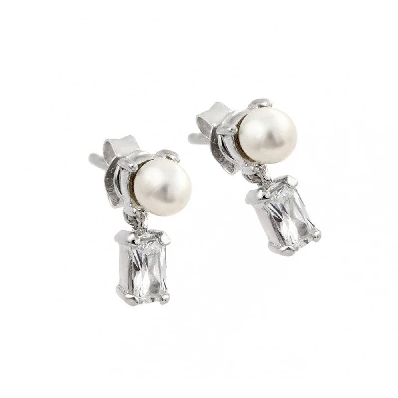 Fashionable Ear Cuffs-Silver 925 Rhodium Plated Baguette Clear CZ Pearl Dangling Stud Earrings - STE00887