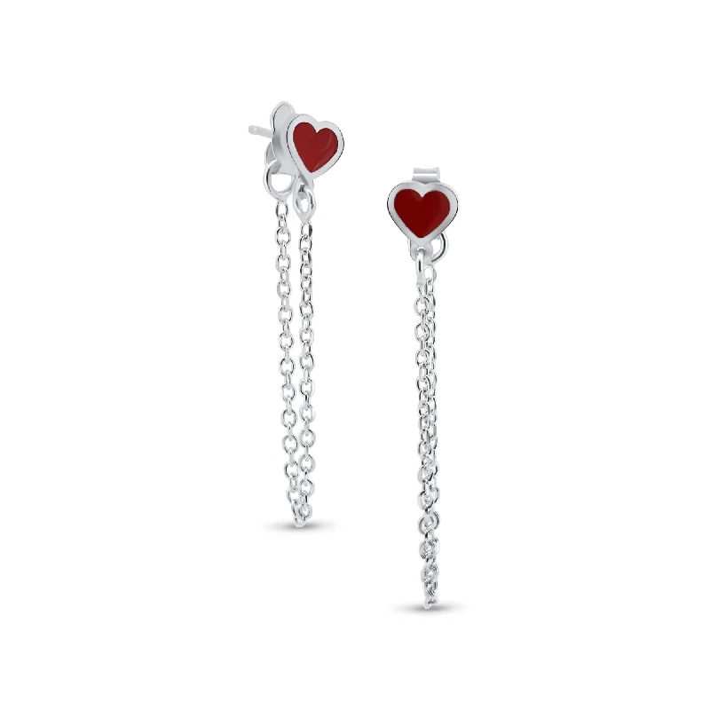 Round Silver Earrings-Rhodium Plated 925 Sterling Silver Dangling Heart Red Enamel Stud Earrings - ITE00096-RH