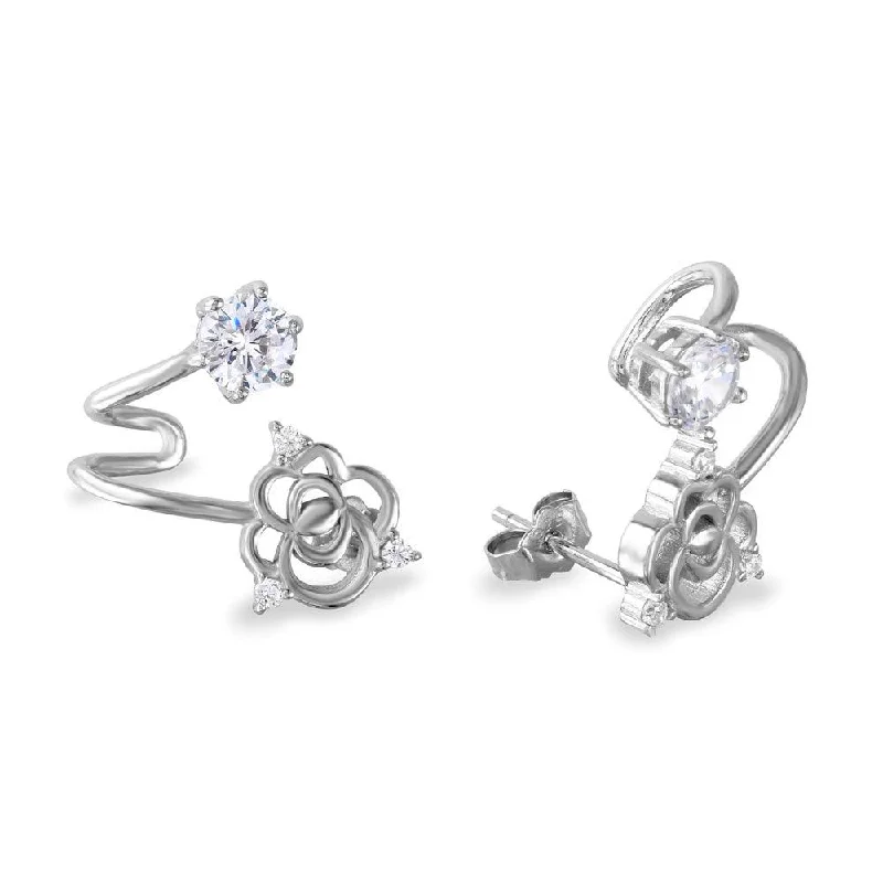 Luxury Pearl Earrings-Rhodium Plated 925 Sterling Silver Flower and Round CZ Folded Earrings - BGE00535