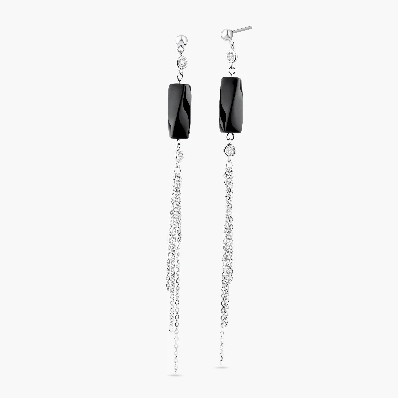 Stunning Gemstone Earrings-Clearance-Silver 925 Rhodium Plated Round Black Wavy Rectangle CZ Multi Strand Dangling Stud Earrings - STE00283