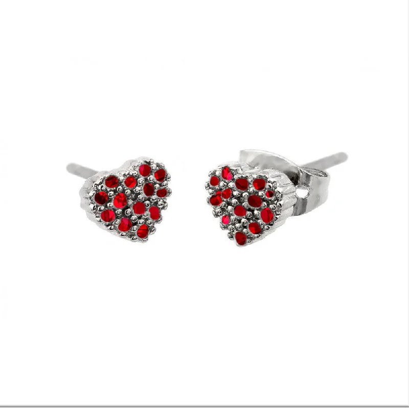 Sparkly Silver Earrings-Silver 925 Rhodium Plated Red Heart Black Prongs CZ Stud Earrings - STE00884RED