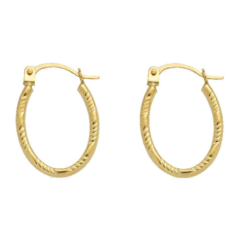 Stylish Hoop Earrings-14E00385. - 14 Karat Yellow Gold Diamond Cut Textured Oval Hoop Latch Lock Earrings