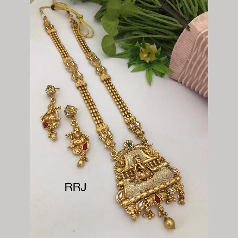 Wedding Pendant Necklaces-FS Collection Gold Plated Pota Stone Meenakari Temple Long Necklace Set