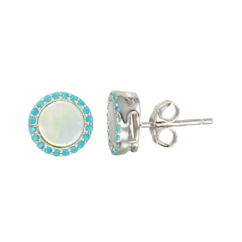 Modern Hoop Earrings-Rhodium Plated 925 Sterling Silver Round Opal Stud Earrings with Blue CZ Stones - STE01125BLU