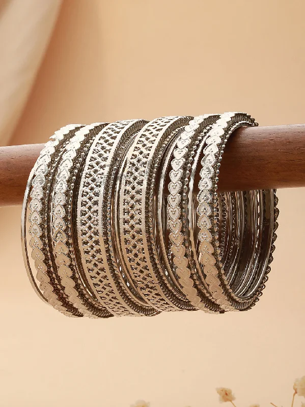 Antique Style Bangles-Set Of 18 Silver-Plated Oxidized Textured Bangles Set