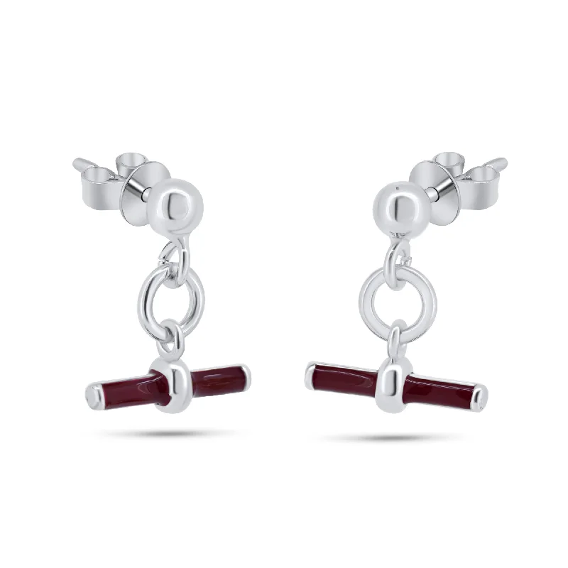 Long Silver Earrings-Rhodium Plated 925 Sterling Silver Dangling Red Enamel Bar Stud Earrings - ITE00097-RH