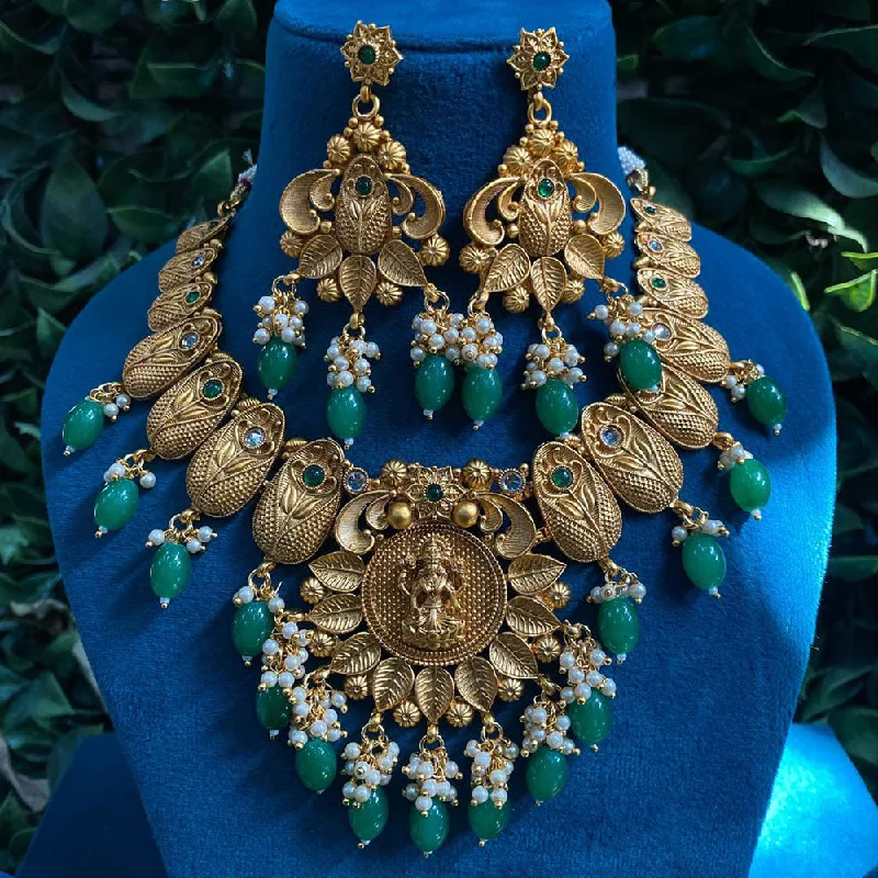 Custom Name Necklaces-Royal Kundan Jewellery Gold Plated Pota Stone And Beads Temple Necklace Set