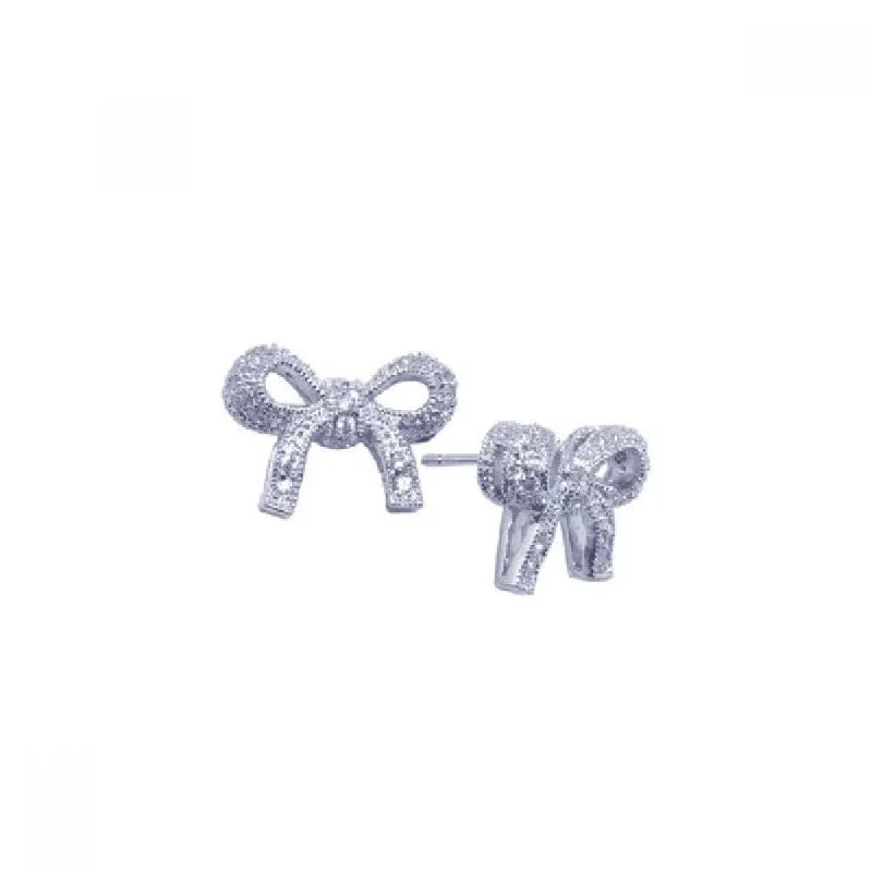 Unique Drop Earrings-Silver 925 Rhodium Plated Bowtie CZ Stud Earrings - STE00608