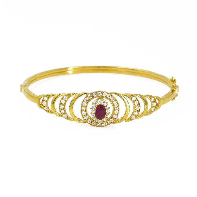 Colorful Wedding Bangle Bracelets-22K Yellow Gold Bangle W/ Ruby, CZ & Eyelet Centerpiece