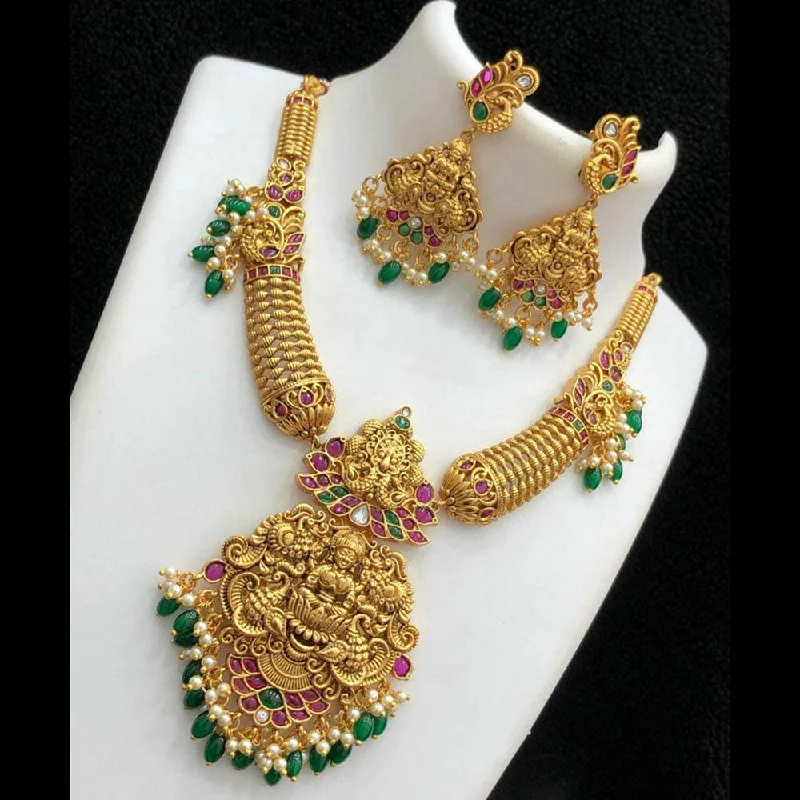 Luxury Crystal Pendant Necklaces-Manisha Jewellery Gold Plated Pota Stone Temple Necklace Set