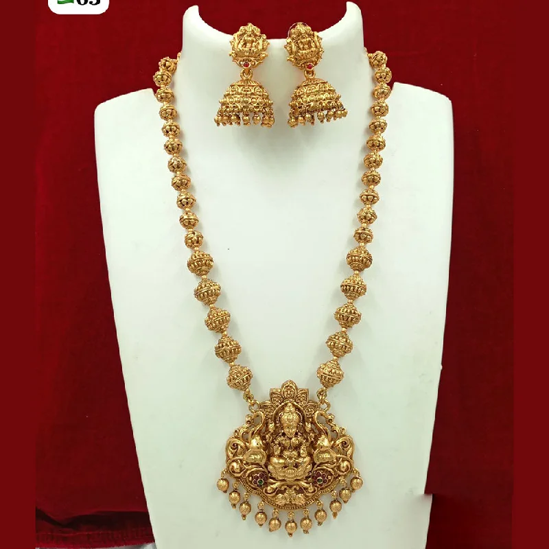 Delicate Silver Necklaces-FS Collection Gold Plated Pota Stone And Pearl Temple Long Necklace Set