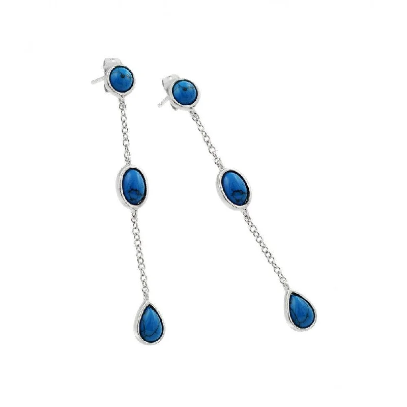 Statement Earrings for Weddings-Silver 925 Rhodium Plated Three Oval Blue CZ Wire Dangling Stud Earrings - BGE00389