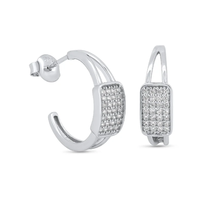 Classic Gold Earrings-Rhodium Plated 925 Sterling Silver Square Center Encrusted CZ Semi Hoop Earrings - GME00126