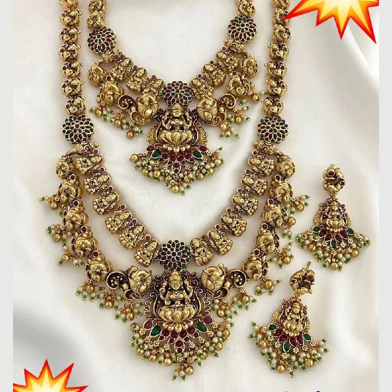 Trendy Gold Chain Necklaces-Manisha Jewellery Gold Plated Pota Stone And Pearls Temple Double Necklace Set