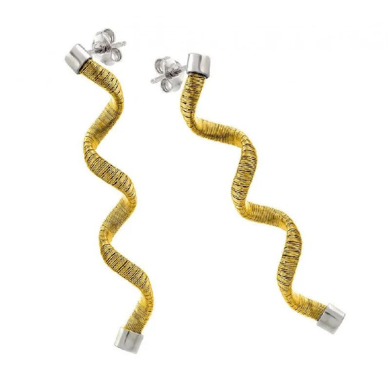 Designer Earrings-Silver 925 Rhodium and Gold Plated Long Spiral Dangling Stud Earrings - ECE002GP