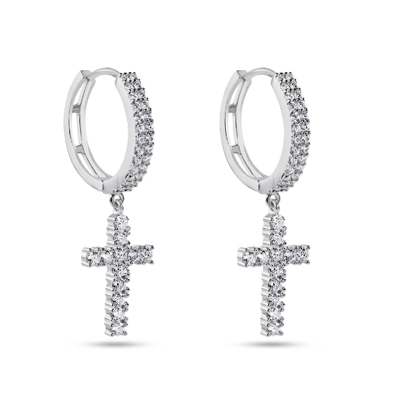 Affordable Silver Earrings-Sterling Rhodium Plated 925 Sterling Silver Moissanite Cross Hoop Earring - MGME00037