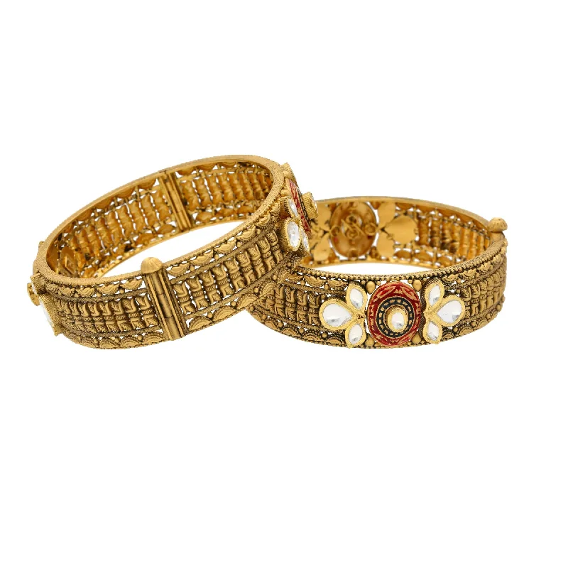 Elegant Pearl Bangles-22K Gold Antique Bangles W/ Kundan, 65gm