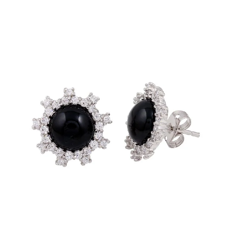 Artistic Pearl Earrings-Rhodium Plated 925 Sterling Silver Black Flower Stud Earrings with CZ - BGE00428