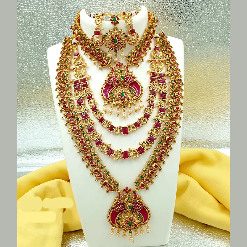 Fine Gemstone Necklaces-Joyful Jewel Art Matte Gold Plated Pota Stone Temple Long Necklace Combo