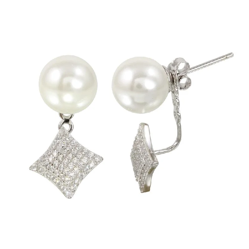 Artistic Stud Earrings-Rhodium Plated 925 Sterling Silver Synthetic Pearl and Diamond-Shaped Front and Back Earrings with CZ - BGE00568