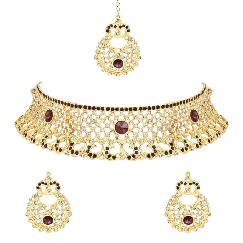 Custom Choker Necklaces-Etnico Gold Plated Traditional Design Stone Work Choker Necklace Jewellery Set With Chandbali Earring & Maang Tikka For Women/Girls (M4171WWi)