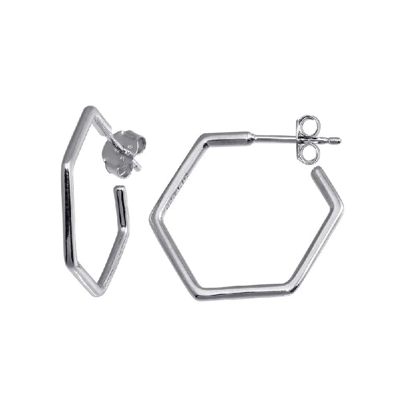 Vintage Gemstone Earrings-Rhodium Plated 925 Sterling Silver Large Hexagon Semi Hoop Earring - STE01229