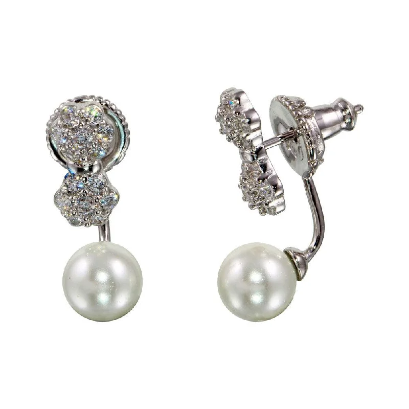 Luxury Silver Earrings-Rhodium Plated 925 Sterling Silver CZ Flowers Pearl Drop Front and Back Earrings - BGE00564