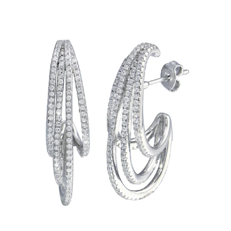 Luxury Wedding Earrings-Rhodium Plated 925 Sterling Silver Semi Hoop Dangling Wave Earring - STE01256