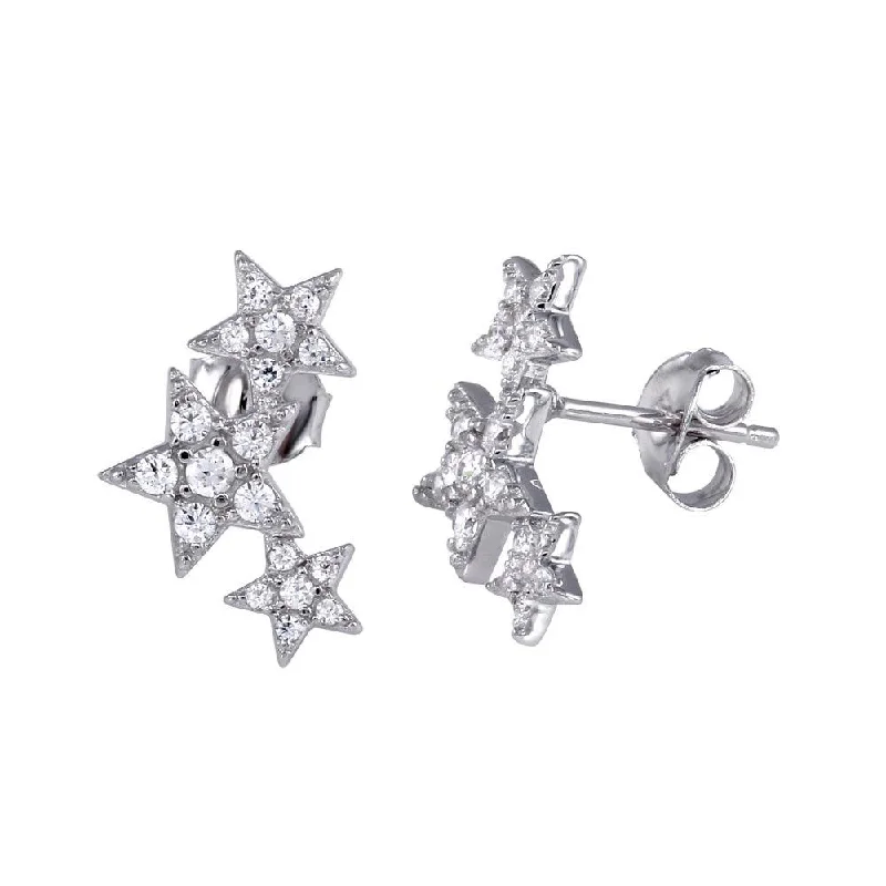 Vintage Style Stud Earrings-Rhodium Plated 925 Sterling Silver Three Star Stud Earrings - BGE00573