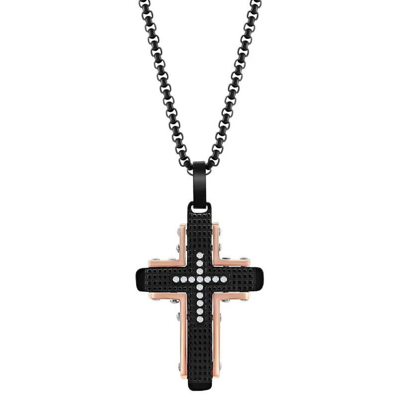 Customizable Gold Choker Necklaces-Men's Necklace - Black and Rose Stainless Steel CZ Cross Pendant | SL-7105