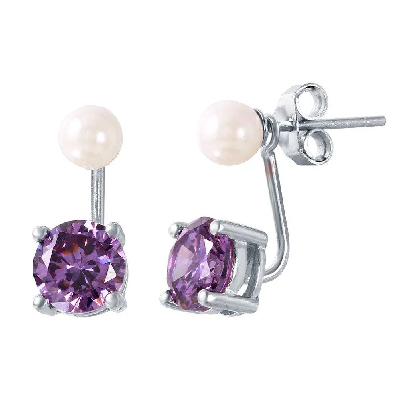 Elegant Gemstone Earrings-Rhodium Plated 925 Sterling Silver Pearl Purple Front and Back Earrings - STE00990FEB