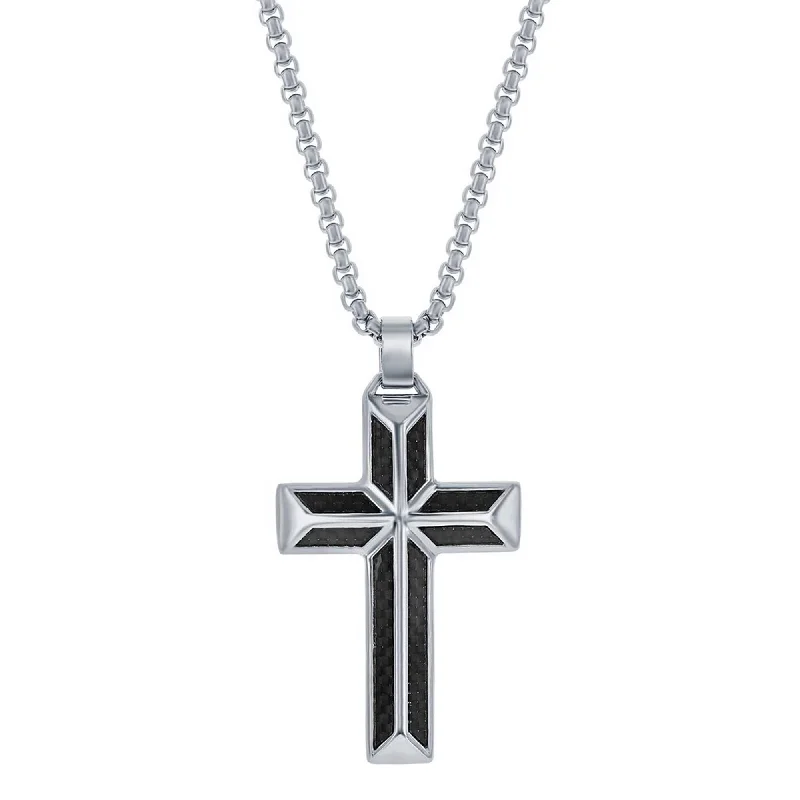 Layered Chain Necklaces-Men's Necklace - Stainless Steel Black Carbon Fiber Cross Pendant | SL-7088