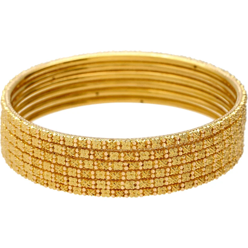 Classic Gold Wedding Bangles-22K Gold Thin Beaded Filigree Bangle Set of 6