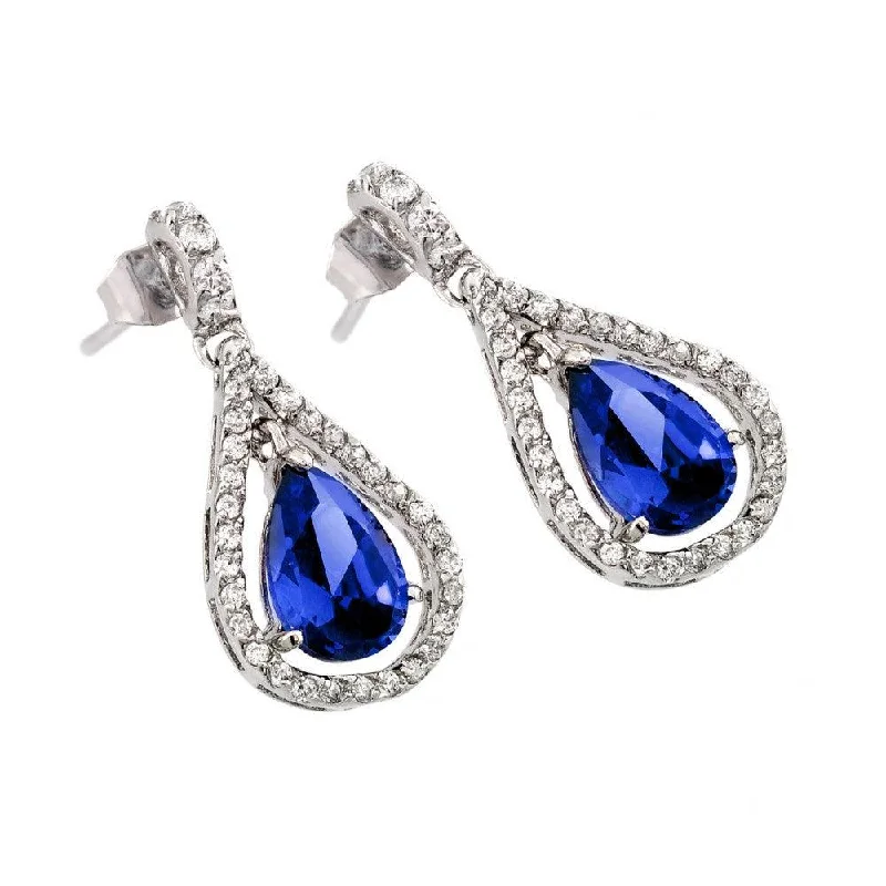 Retro Hoop Earrings-Silver 925 Rhodium Plated Channel Blue Teardrop CZ Dangling Stud Earrings - BGE00366B