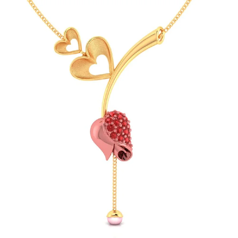 Trendy Necklaces for Women-14k Gold Necklace With Double Hearts On A Stone-studded Tulip And A Pearl Drop