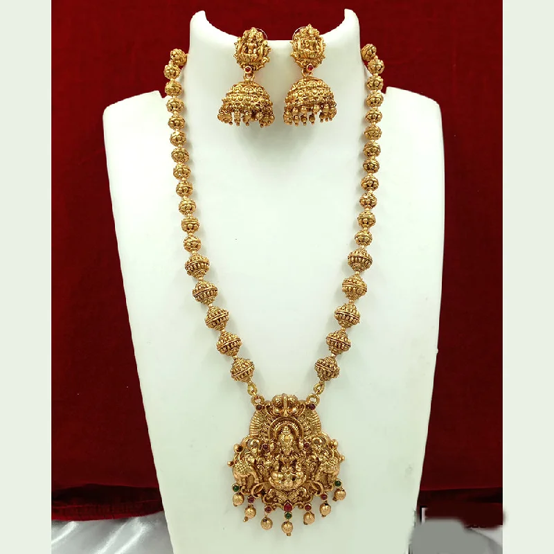 Pearl and Diamond Necklaces-Joyful Jewel Art Matte Gold Plated Pota Stone Temple Long Necklace Set