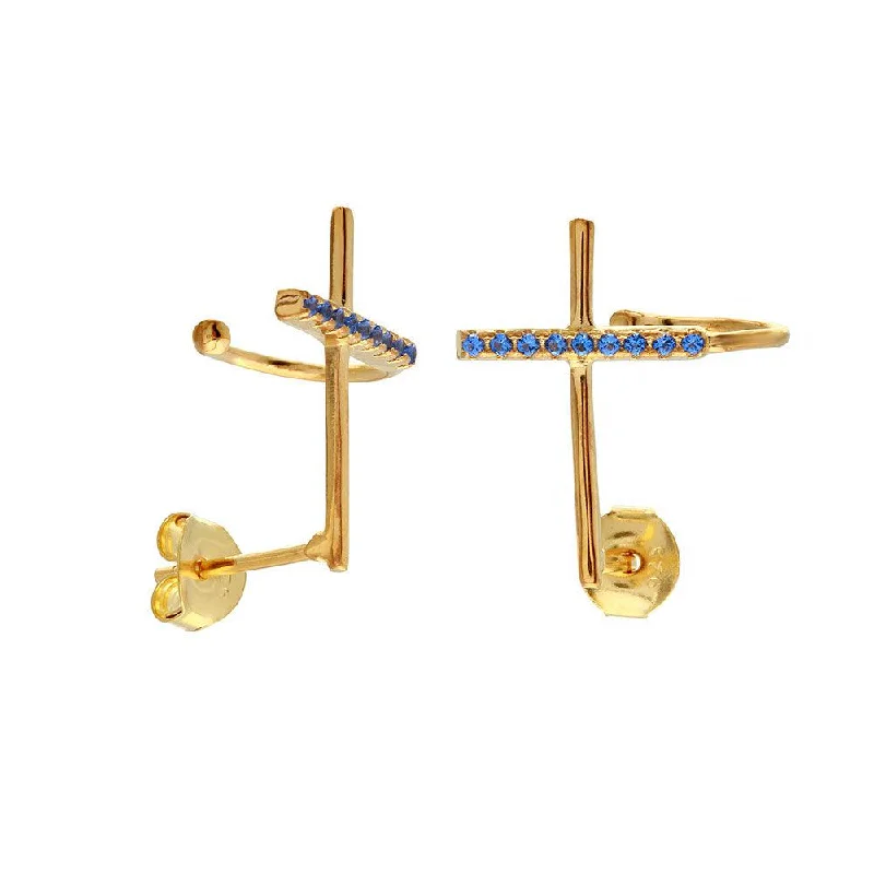 Luxury Wedding Earrings-Silver 925 Gold Plated Climbing Cross Earrings with Blue CZ Stones - BGE00493