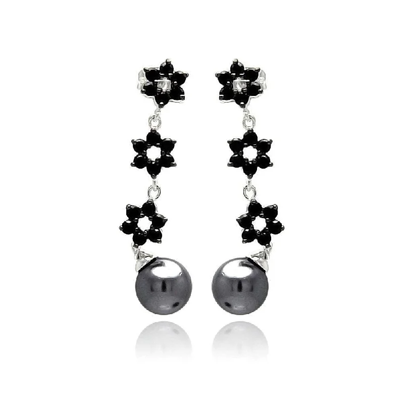 Bright Gemstone Earrings-Silver 925 Rhodium Plated Flower Round CZ Black Synthetic Pearl Dangling Stud Earrings - BGE00238