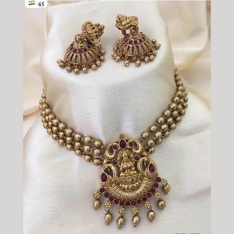 Elegant Silver Necklaces-FS Collection Gold Plated Pota Stone Temple And Pearls Choker Necklace Set