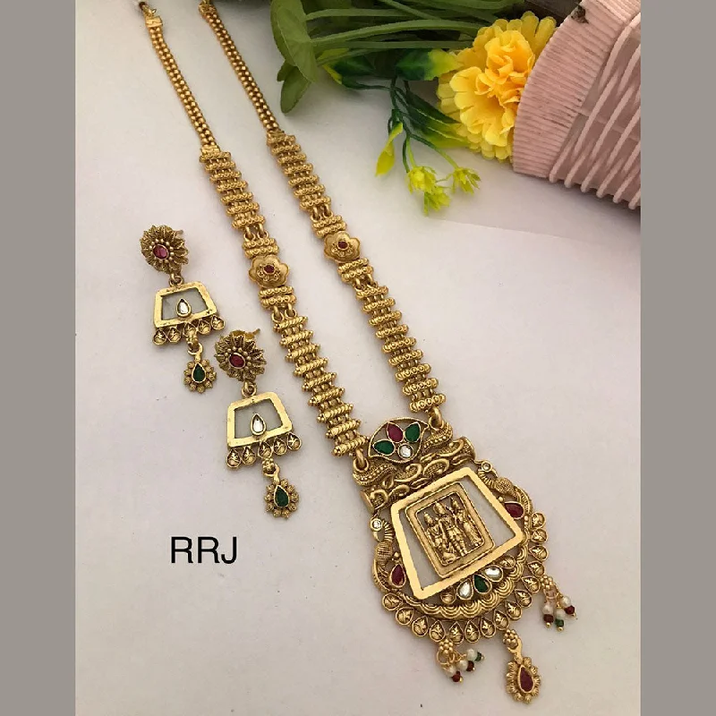 Luxury Gemstone Pendant Necklaces-FS Collection Gold Plated Kundan Stone Temple Necklace Set