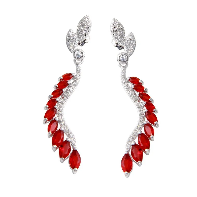 Sparkling Hoop Earrings-Rhodium Plated 925 Sterling Silver Dangling Feather Earrings with Red CZ - BGE00604RED