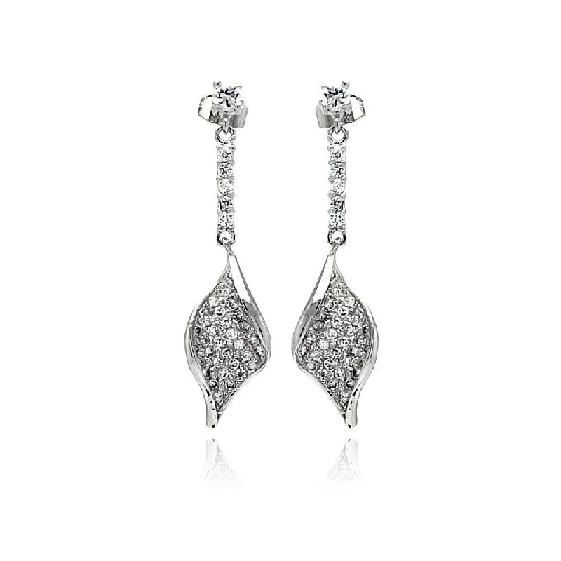 Modern Hoop Earrings-Silver 925 Rhodium Plated Leaf CZ Inlay Dangling Stud Earrings - BGE00269