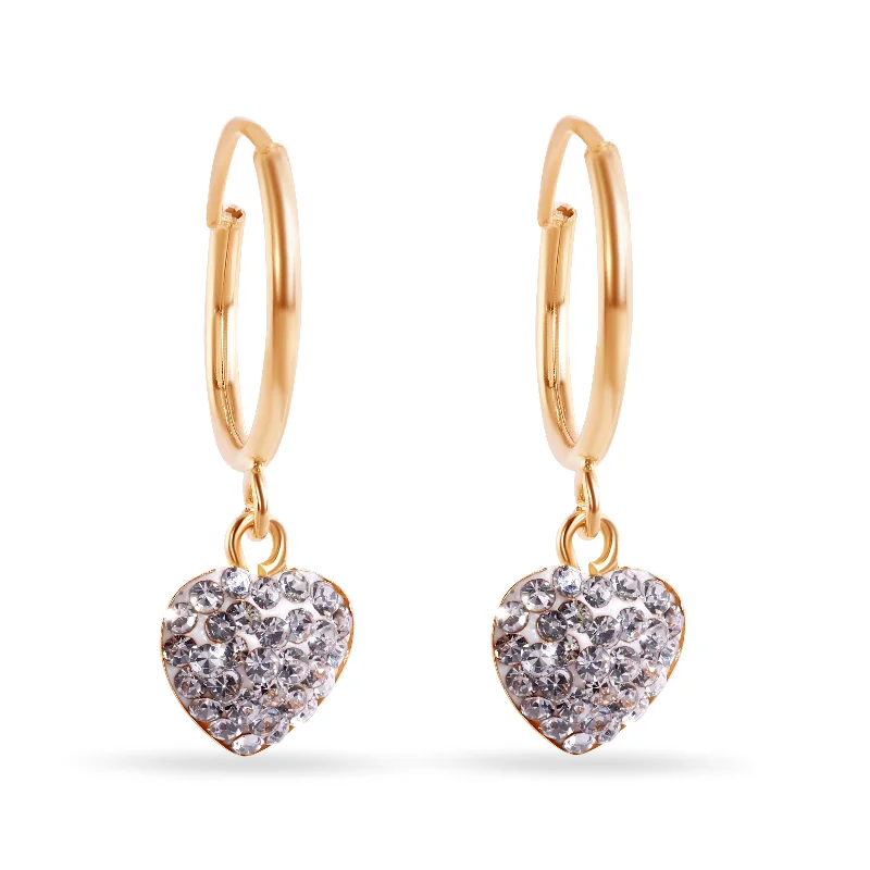 Silver and Gold Earrings-14E00445. - 14 Karat Heart Clear CZ 11mm Hoop Earrings