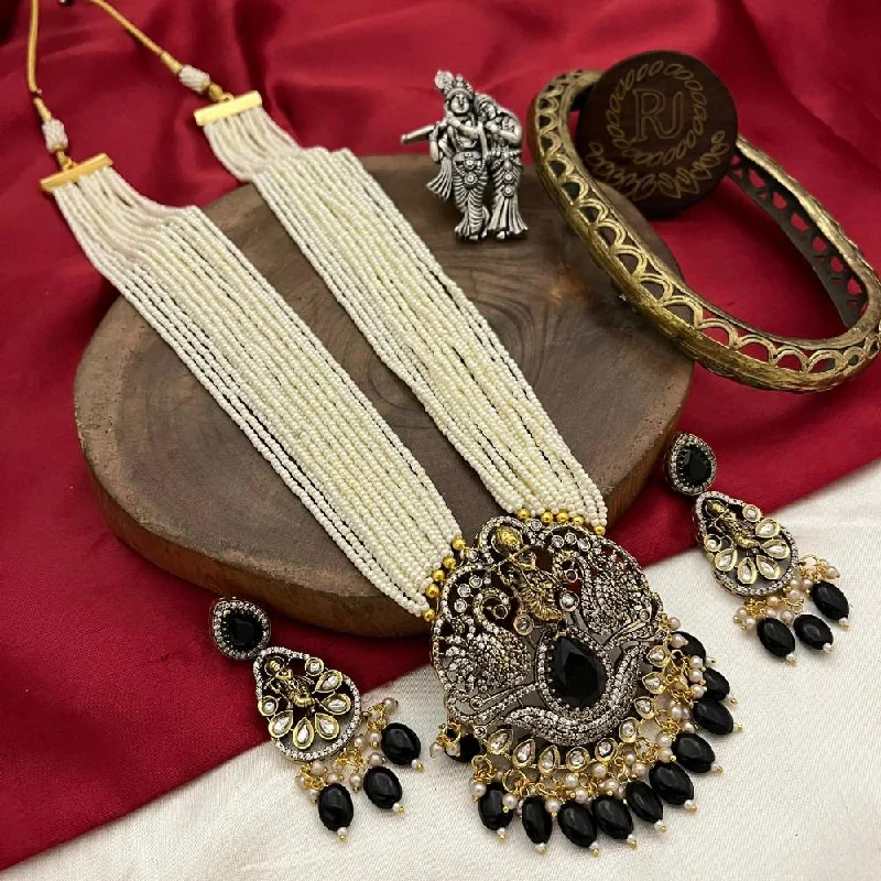 Trendy Gold Chain Necklaces-FS Collection 2 Tone Plated Austrian Stone And Pearls Temple Long Necklace Set